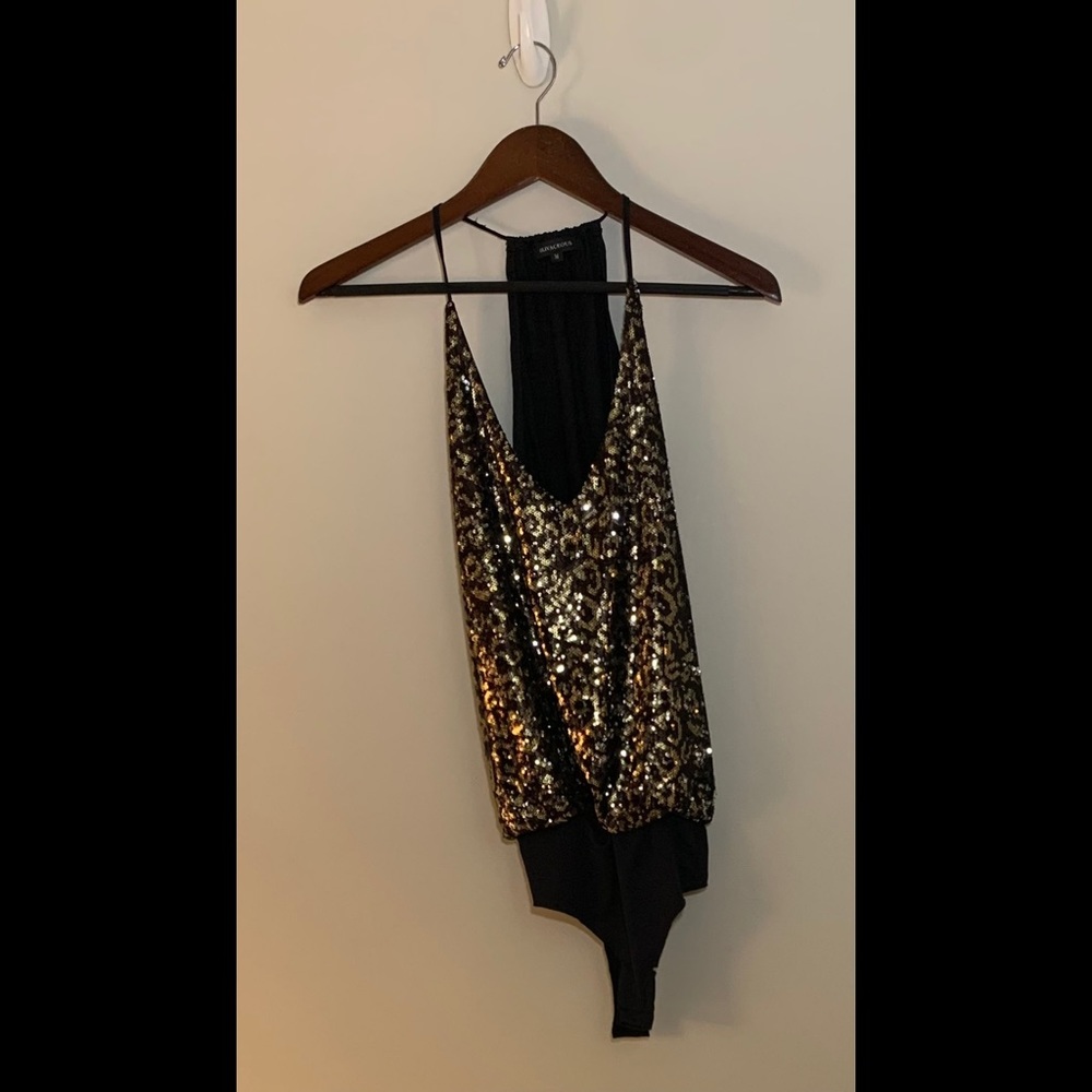 Olivaceous Women's Size M Leopard Sequin Spaghetti Strap Bodysuit